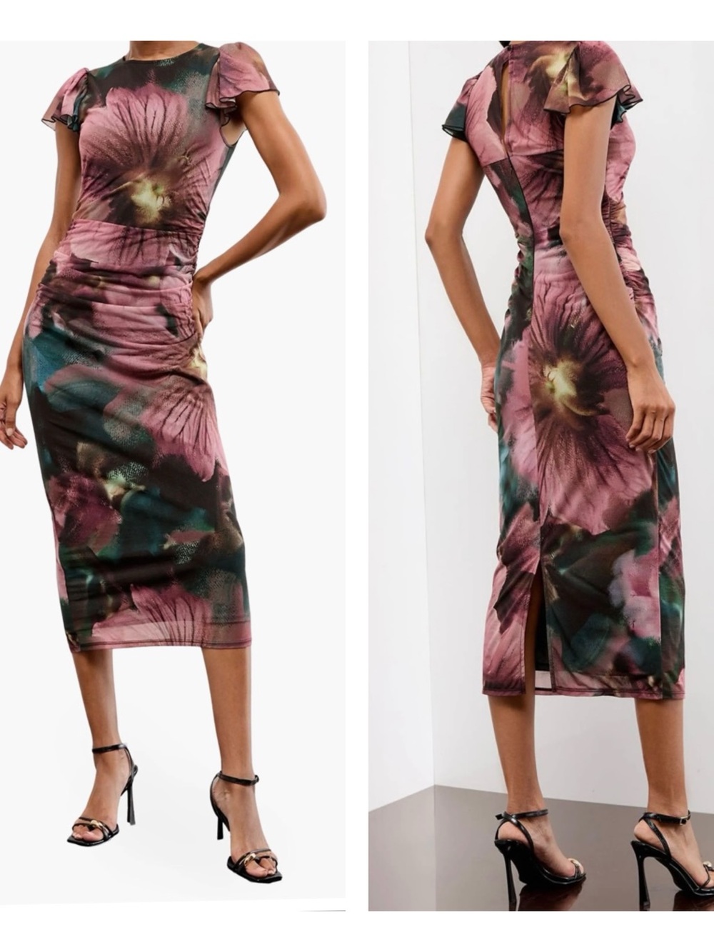 Dress - Midi - Lipsy Brand - Ruched Mesh - Body-Con - Keyhole Back - Lined - NWT